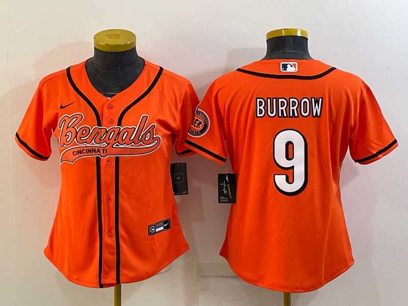 Women%27s Cincinnati Bengals #9 Joe Burrow Orange With Patch Cool Base Stitched Baseball Jersey